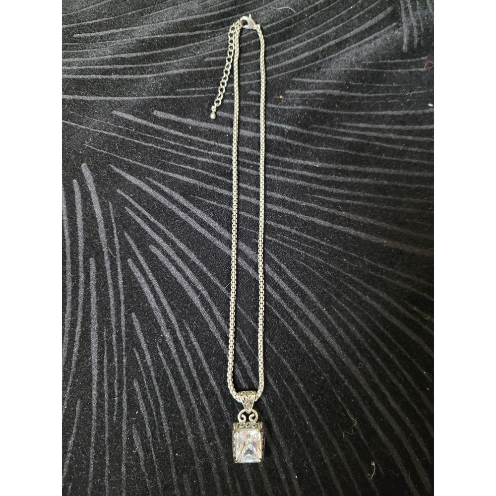 Silver Tone Emerald Cut CZ Vintage Gothic Filigree Pendant Necklace 18 Inch